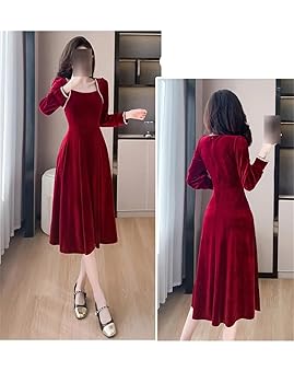Black Square Collar Chic A-Line Long Dress for Women Autumen